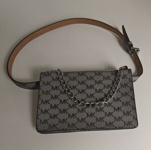 Michael Kors grey MK Signature Fanny Pack Belt Bag Medium with silver chain